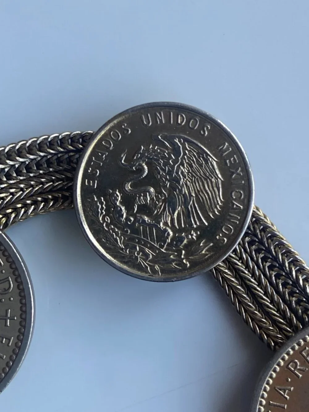 Vintage British & Mexican Coin Bracelet 1956 Queen Elizabeth II 5 Strand 7.5”